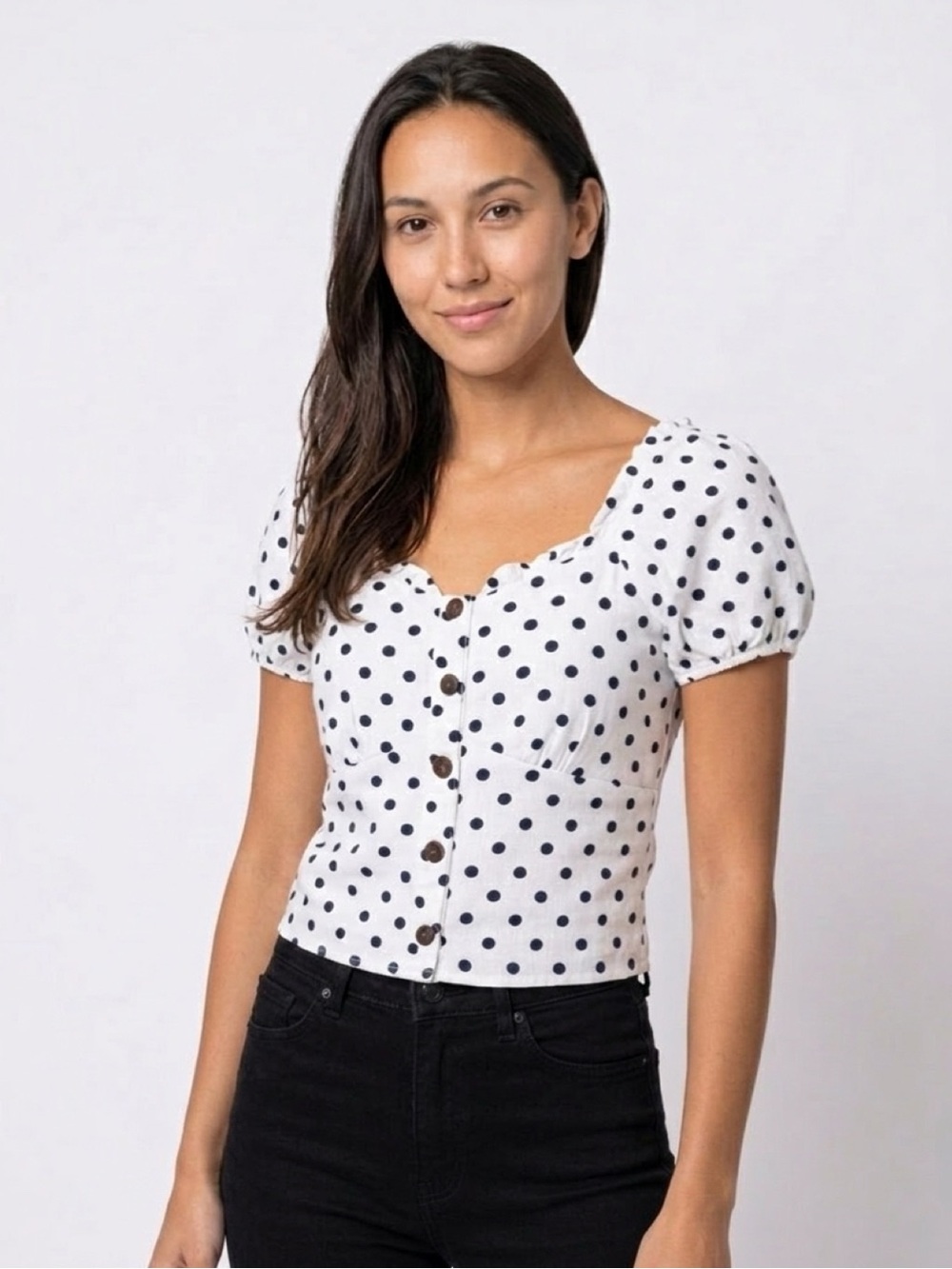 Monteau LA Polka Dot Puff Sleeve Smocked Crop S Cottagecore Milkmaid